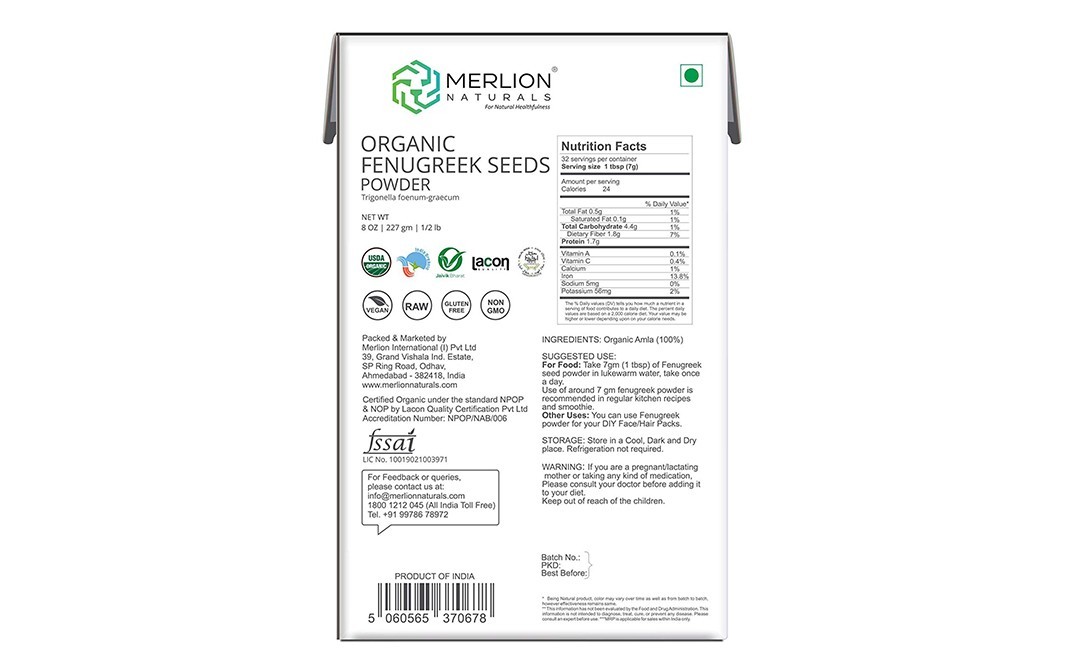 MERLION NATURALS Organic Fenugreek Seeds Powder    Pack  227 grams